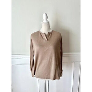 Ekouar New Split Neck Waffle Top Long Sleeve M Tan